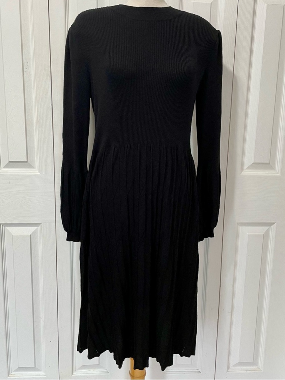 Draper James Black Long-Sleeve Knit Midi with Cathedral Pleated Skirt & Sleeves